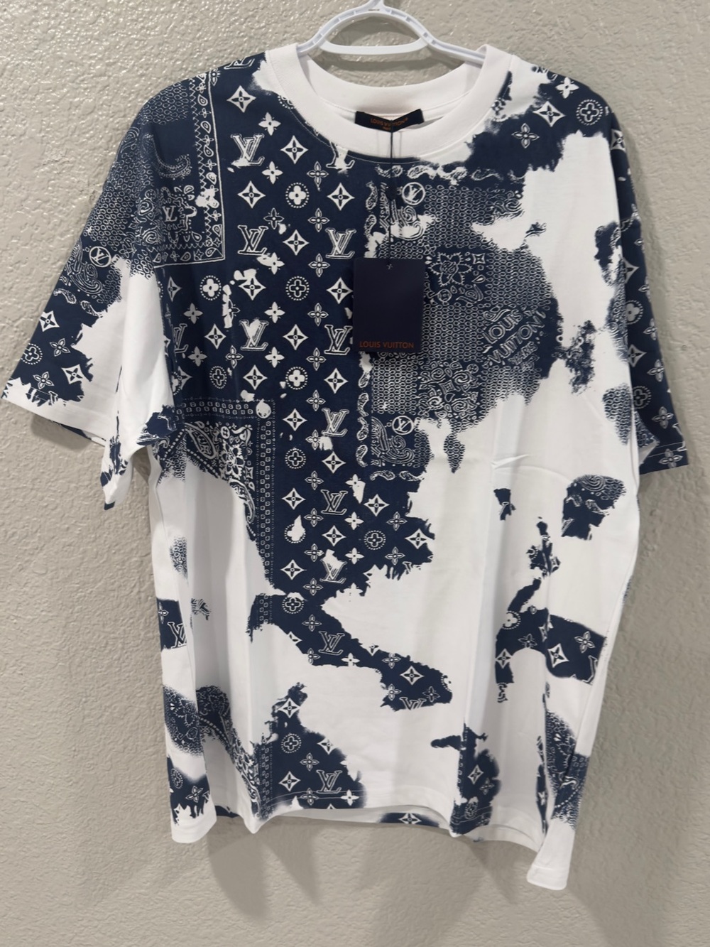 Louis Vuitton White Short Sleeve Monogram Patchwork Tee with Navy Print